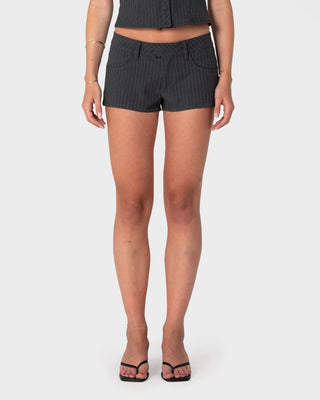 Woman wearing Finance Mummy Low Rise Suit Short in Grey Pin Stripe