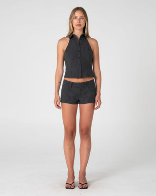Woman wearing Finance Mummy Low Rise Suit Short in Grey Pin Stripe