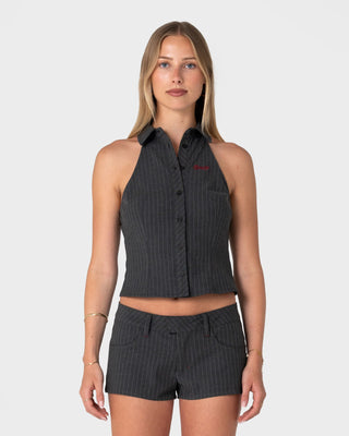 Woman wearing Missy May Sleeveless Shirt in Grey Pin Stripe