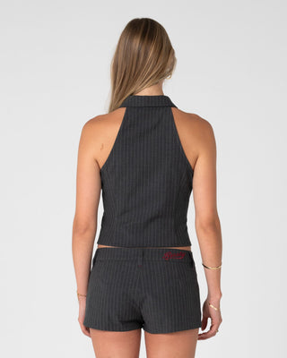 Woman wearing Missy May Sleeveless Shirt in Grey Pin Stripe