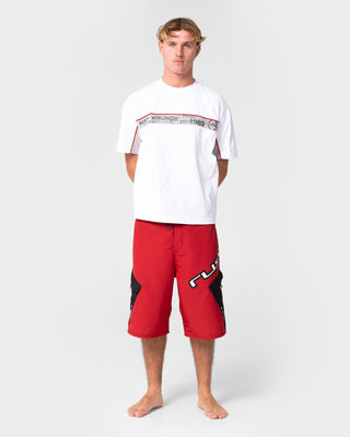 Man wearing Akimbo Fixed Waist Boardshort in Vintage Red