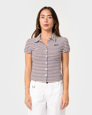 Woman wearing Sassy Rae Top in Burgundy / Egret Stripe