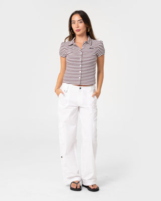 Woman wearing Sassy Rae Top in Burgundy / Egret Stripe