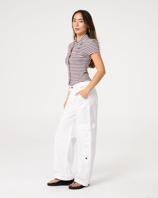Woman wearing Sassy Rae Top in Burgundy / Egret Stripe