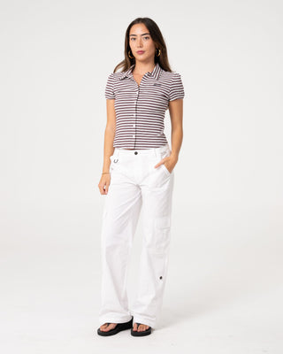 Woman wearing Sassy Rae Top in Burgundy / Egret Stripe