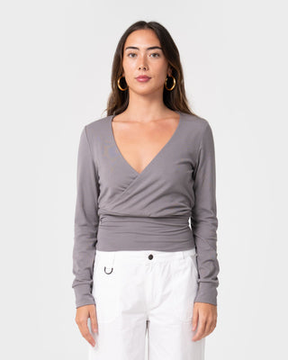 Woman wearing Honey Slouch L/S Top in Light Grey