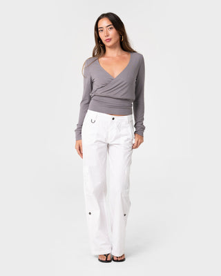 Woman wearing Honey Slouch L/S Top in Light Grey