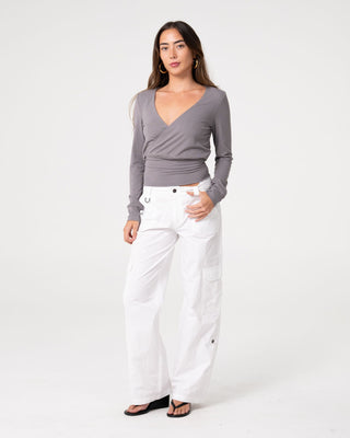 Woman wearing Honey Slouch L/S Top in Light Grey