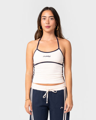 Woman wearing Maneater Fitted Halter Top in Egret
