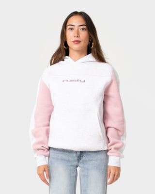 Woman wearing Cyberwaves Oversized Hood in Ecru Marle / Pink