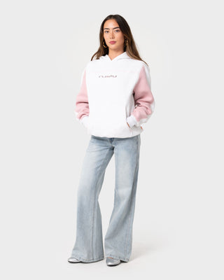 Woman wearing Cyberwaves Oversized Hood in Ecru Marle / Pink