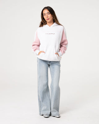 Woman wearing Cyberwaves Oversized Hood in Ecru Marle / Pink