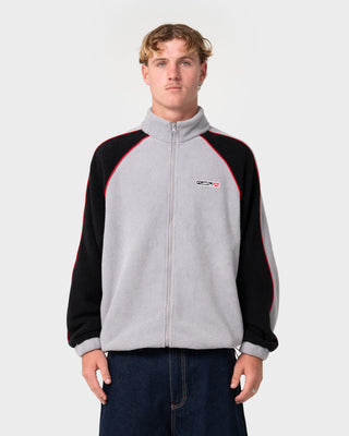 Man wearing Pimp My Tides Zip Thru Sherpa Fleece in Stone Grey