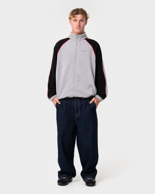 Man wearing Pimp My Tides Zip Thru Sherpa Fleece in Stone Grey
