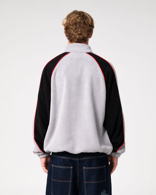 Man wearing Pimp My Tides Zip Thru Sherpa Fleece in Stone Grey