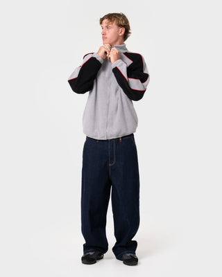 Man wearing Pimp My Tides Zip Thru Sherpa Fleece in Stone Grey