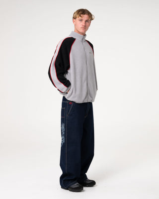 Man wearing Pimp My Tides Zip Thru Sherpa Fleece in Stone Grey