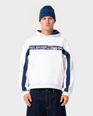 Man wearing Big Ticket Hooded Fleece in Ecru Marle