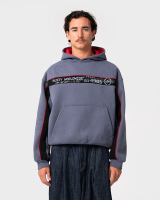 Man wearing Big Ticket Hooded Fleece in Steel