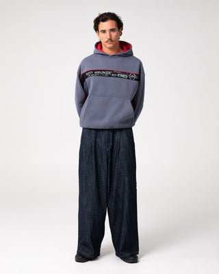 Man wearing Big Ticket Hooded Fleece in Steel
