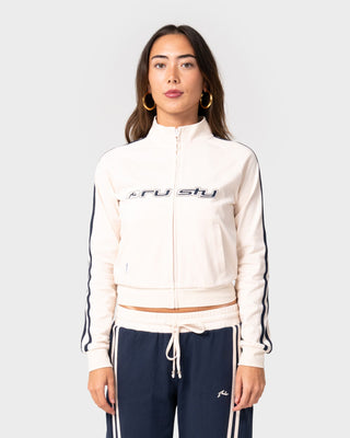 Woman wearing Maneater Fitted Zip Through Track Jacket in Egret