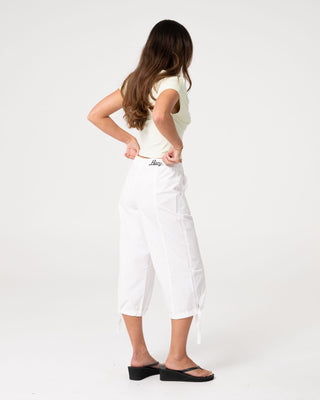 Woman wearing Cameron Low Rise Relaxed Capri Pant in White