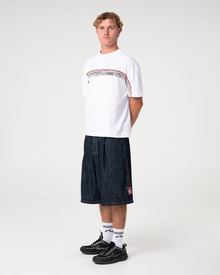Man wearing Big Ticket Short Sleeve Tee in White