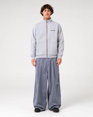 Man wearing Tracka Zip Thru Fleece in Grey Marle