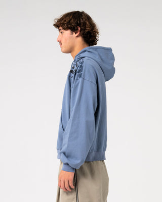 Man wearing Chief Keef Lightweight Zip-thru Hoodie in Shadow Blue