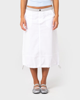 Woman wearing Player Low Rise Midi Skirt in White