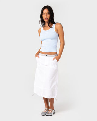 Woman wearing Player Low Rise Midi Skirt in White