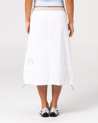 Woman wearing Player Low Rise Midi Skirt in White