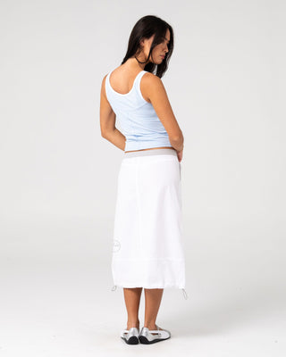 Woman wearing Player Low Rise Midi Skirt in White