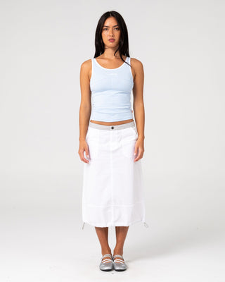 Woman wearing Player Low Rise Midi Skirt in White