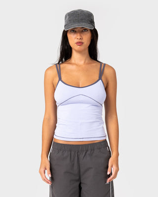 Woman wearing Serve Fitted Cami Tank in Violet Blue