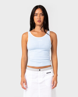 Woman wearing Score Contrast Tank in Ice Blue