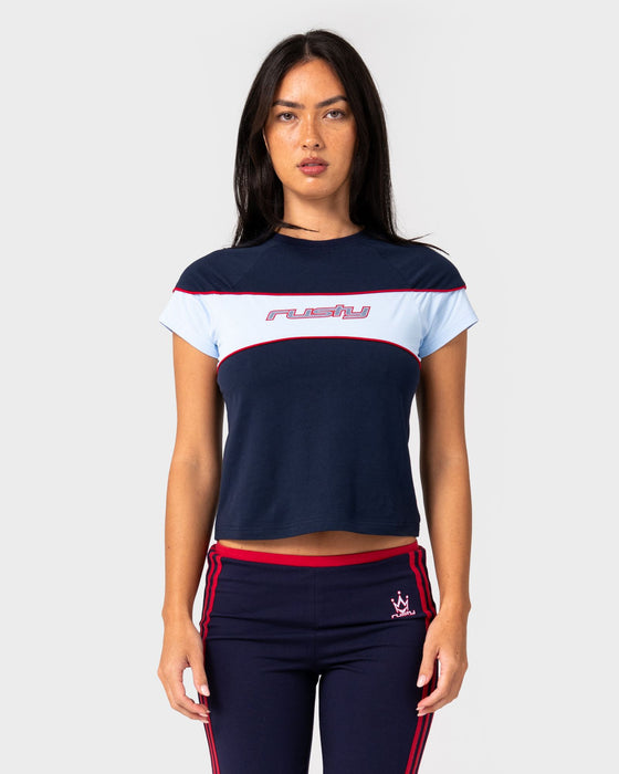 woman-wearing-kinetic-baby-tee-in-navy-blue