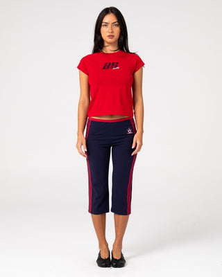 Woman wearing Alba Cap Sleeve Baby Tee in Vintage Red