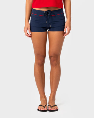 Woman wearing Bet Low Rise Short in Navy Blue