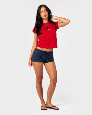 Woman wearing Bet Low Rise Short in Navy Blue