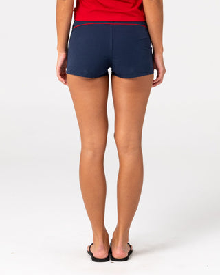 Woman wearing Bet Low Rise Short in Navy Blue
