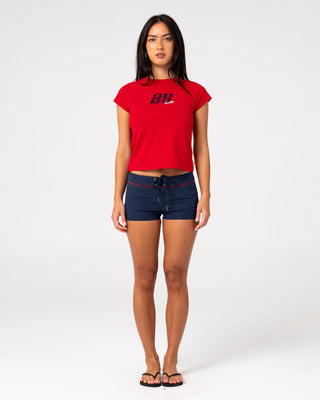 Woman wearing Bet Low Rise Short in Navy Blue
