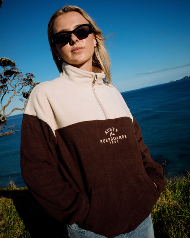 Woman wearing Central Division Crew Polar Fleece in Brown