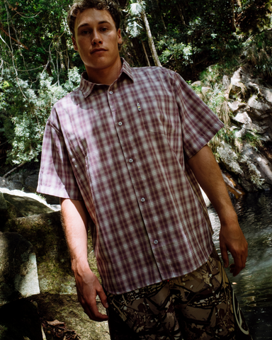 Man wearing Mucho Gusto Short Sleeve Shirt in Elderberry