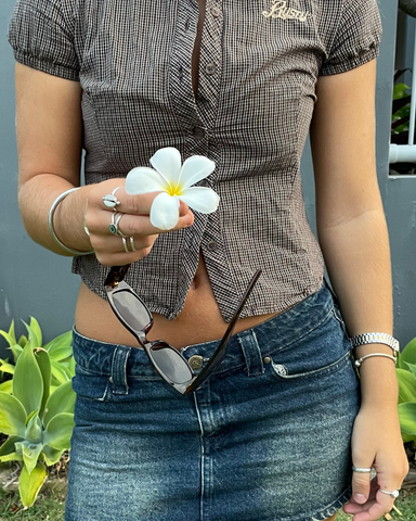 Woman wearing Missy May Check Shirt in Brown