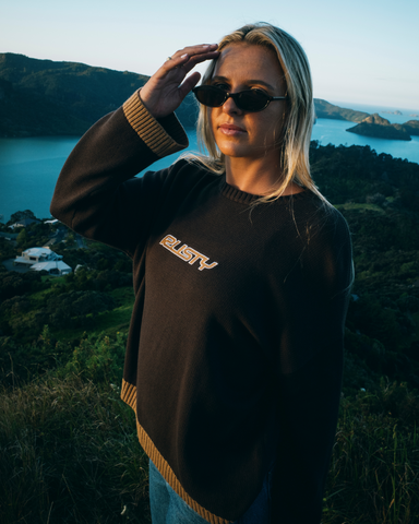 Woman wearing Rider Relaxed Crew Neck Knit in Brown