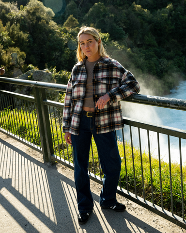 Woman wearing Stemming Long Sleeve Plaid Over Shirt in Sage Leaf