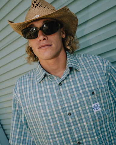 Man wearing Worldwide Curved Hem Short Sleeve Shirt in China Blue