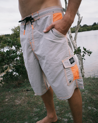 Man wearing Tech Mechanisms Boardshort in Oyster Grey