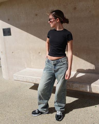 Woman wearing Bethany Baggy Low Rise Jean in Dirty Dawg